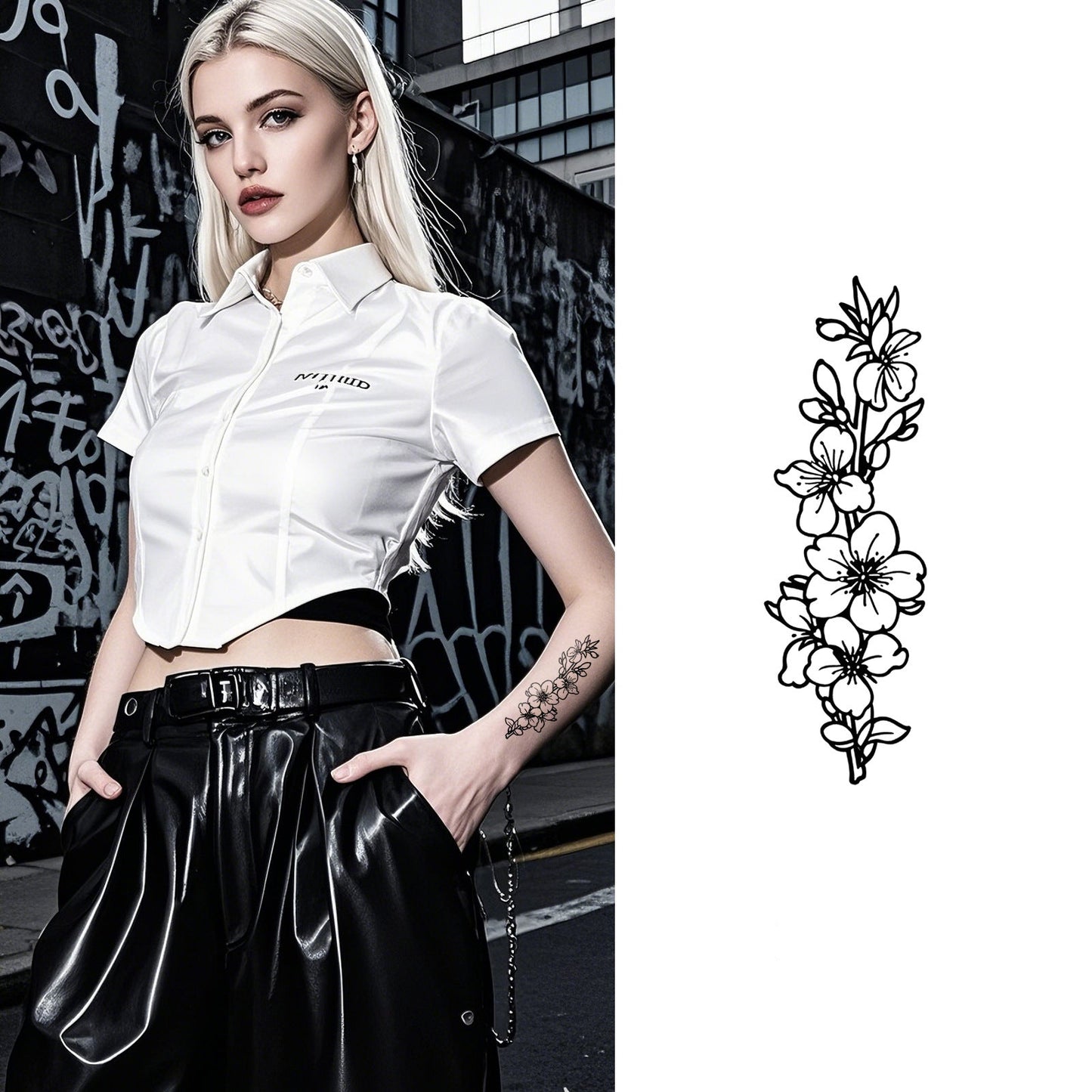 Black and white outline tattoo of blooming flowers and leaves in a vertical layout – botanical line art by TIDES