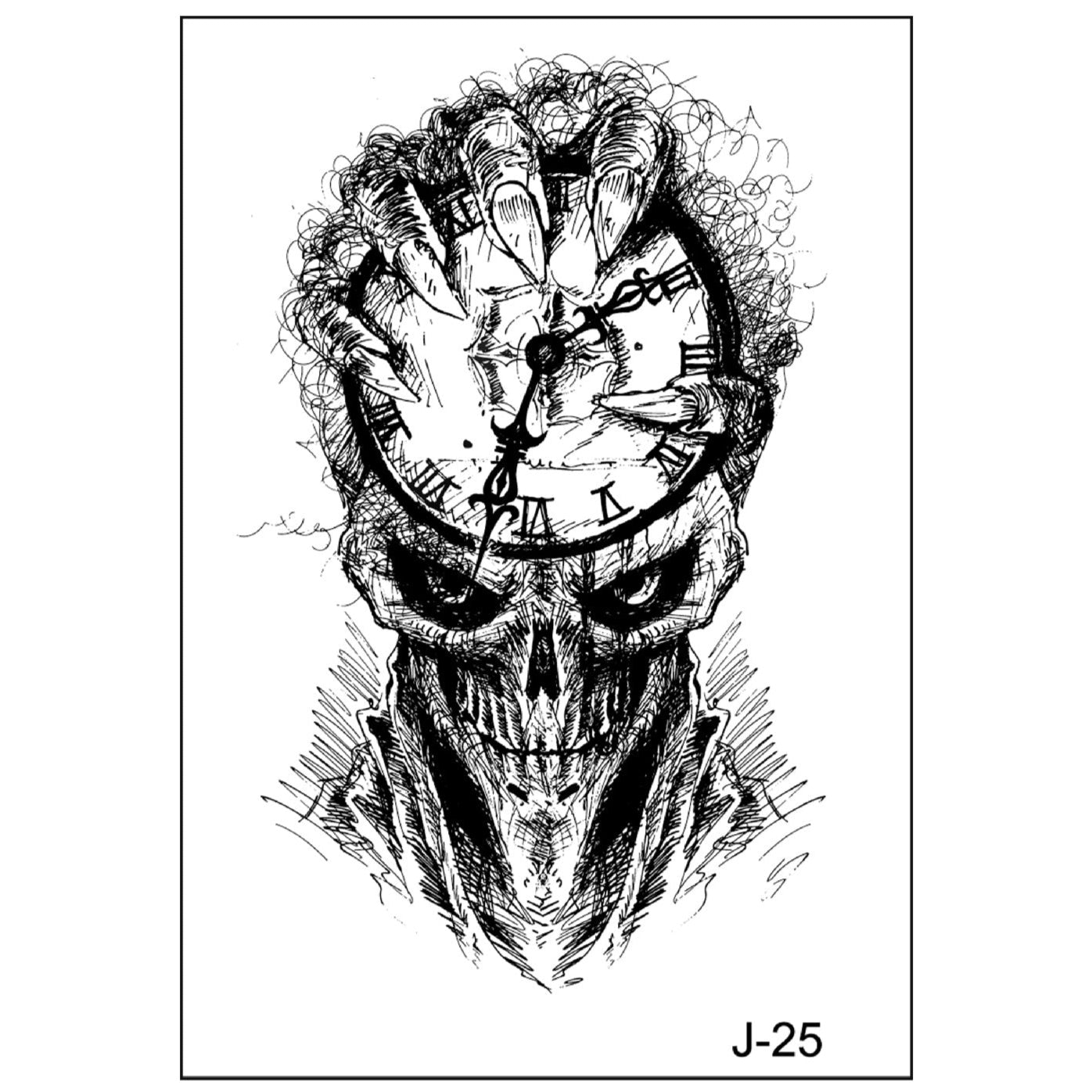 Black and white tattoo of a skull with clock face and skeletal hands (105×60mm) – gothic line art design by TIDES