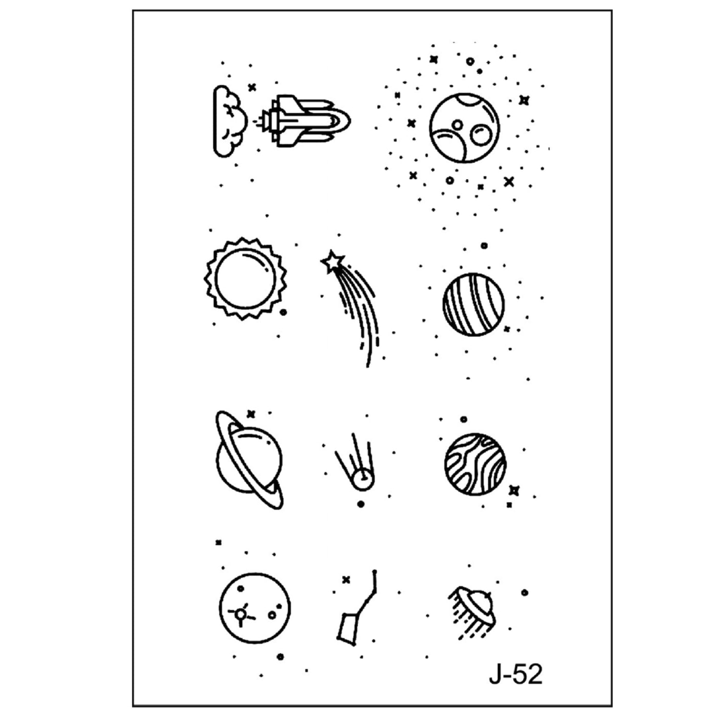 Black and white temporary tattoo combo with rocket, planets, stars, constellation, and UFO designs (105×60mm) – cosmic line art by TIDES