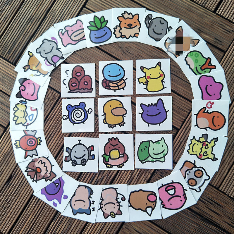 Black and white Pokémon-inspired temporary tattoo set – 30pcs (66×66mm each) featuring classic creature designs in waterproof, skin-safe format by TIDES