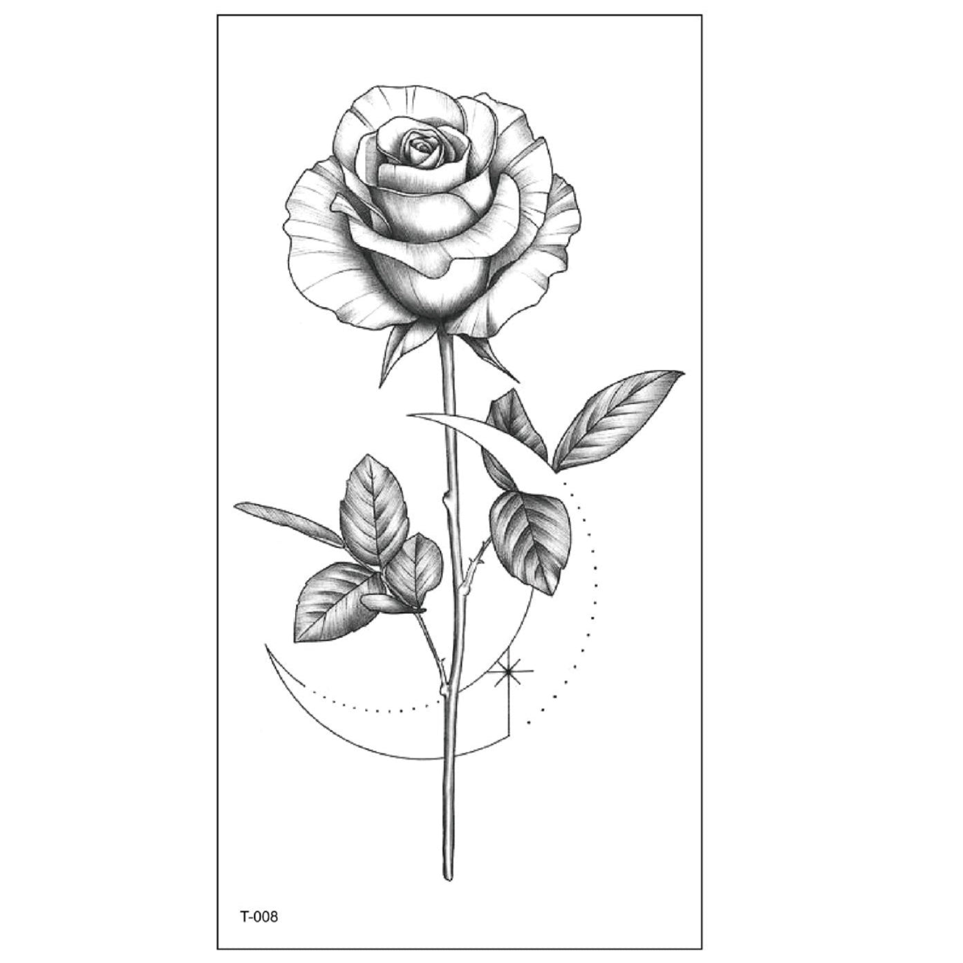 Black and white temporary tattoo of a rose with crescent moon and star (114×220mm) – floral celestial line art by TIDES