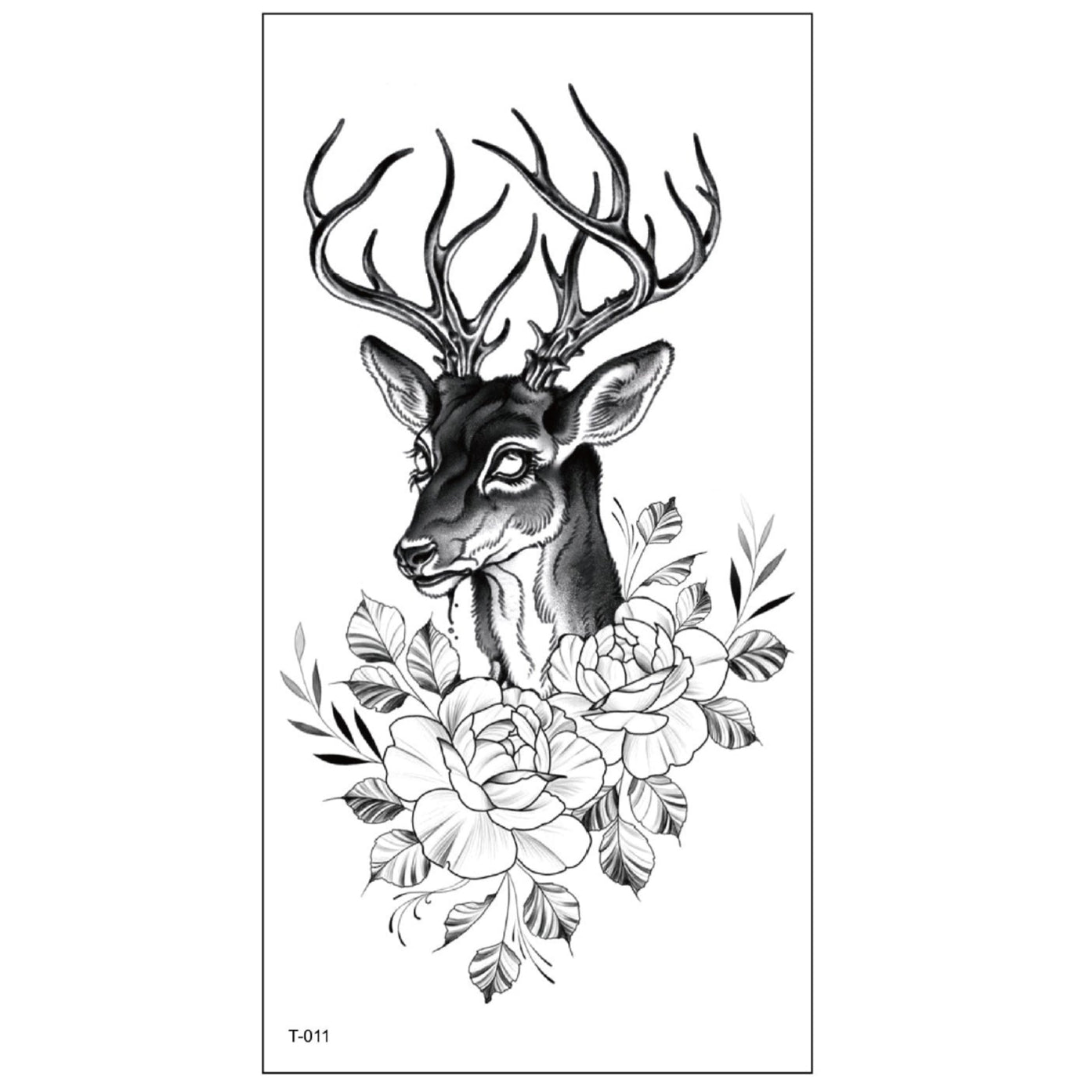 Black and white temporary tattoo of a deer head with antlers and roses (114×220mm) – detailed floral wildlife design by TIDES