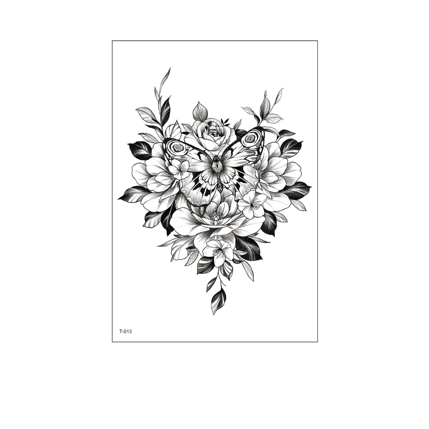Black and white temporary tattoo of a butterfly surrounded by roses, peonies, and leaves (150×210mm) – detailed floral line art by TIDES