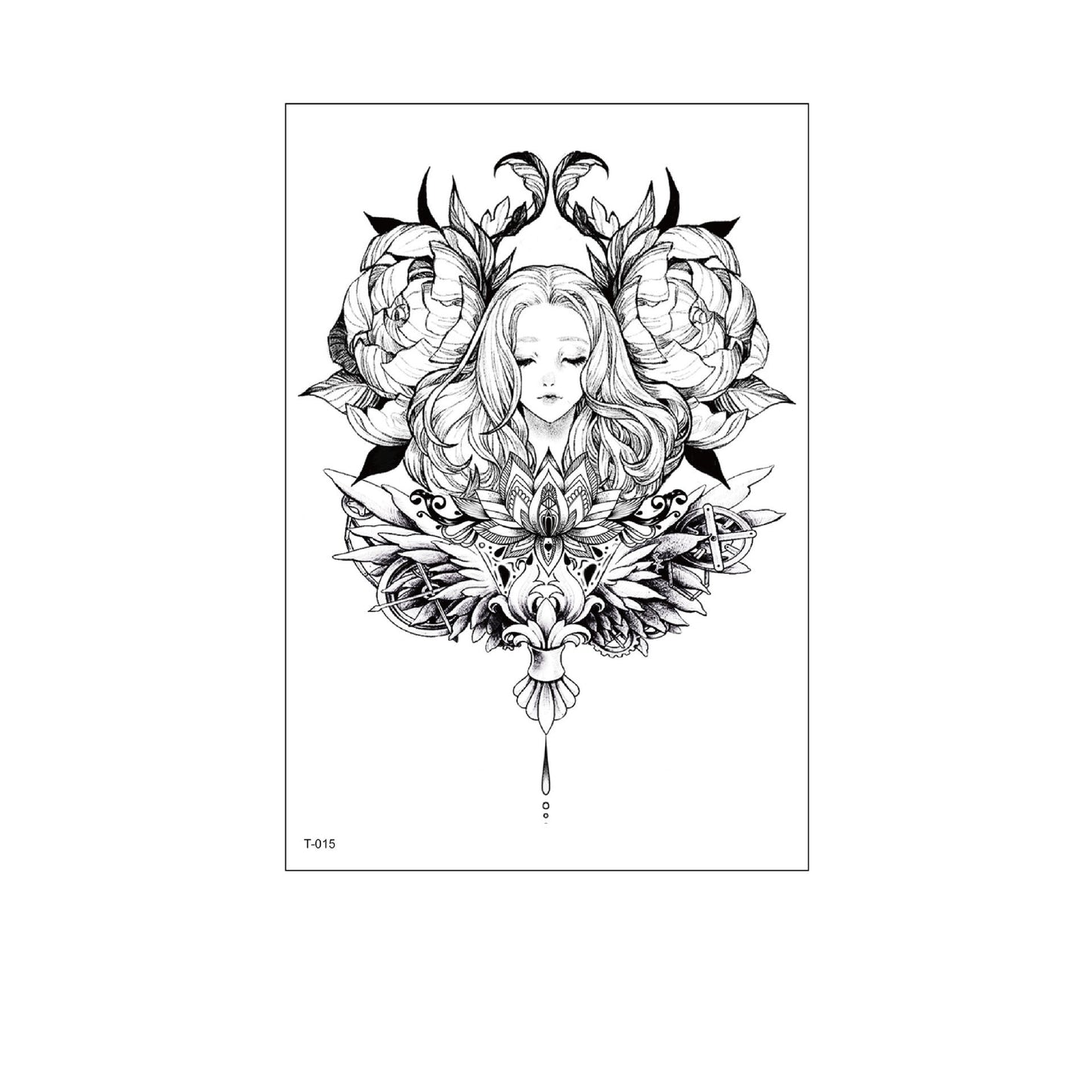Black and white temporary tattoo of a woman’s face with flowing hair, peonies, lotus, and mandala-like floral designs (150×210mm) – elegant mystical artwork by TIDES