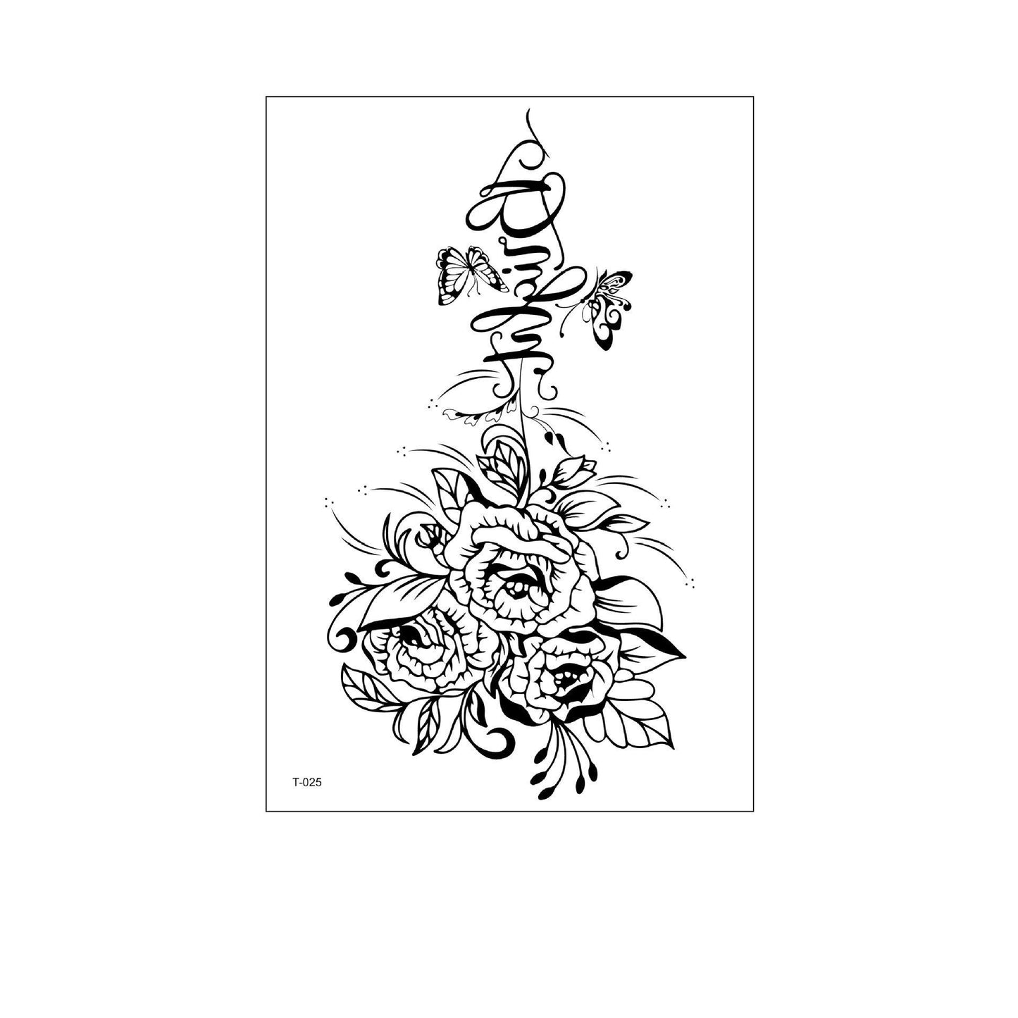 Black and white temporary tattoo of 3 roses with leaves and 2 butterflies (150×210mm) – floral outline design by TIDES