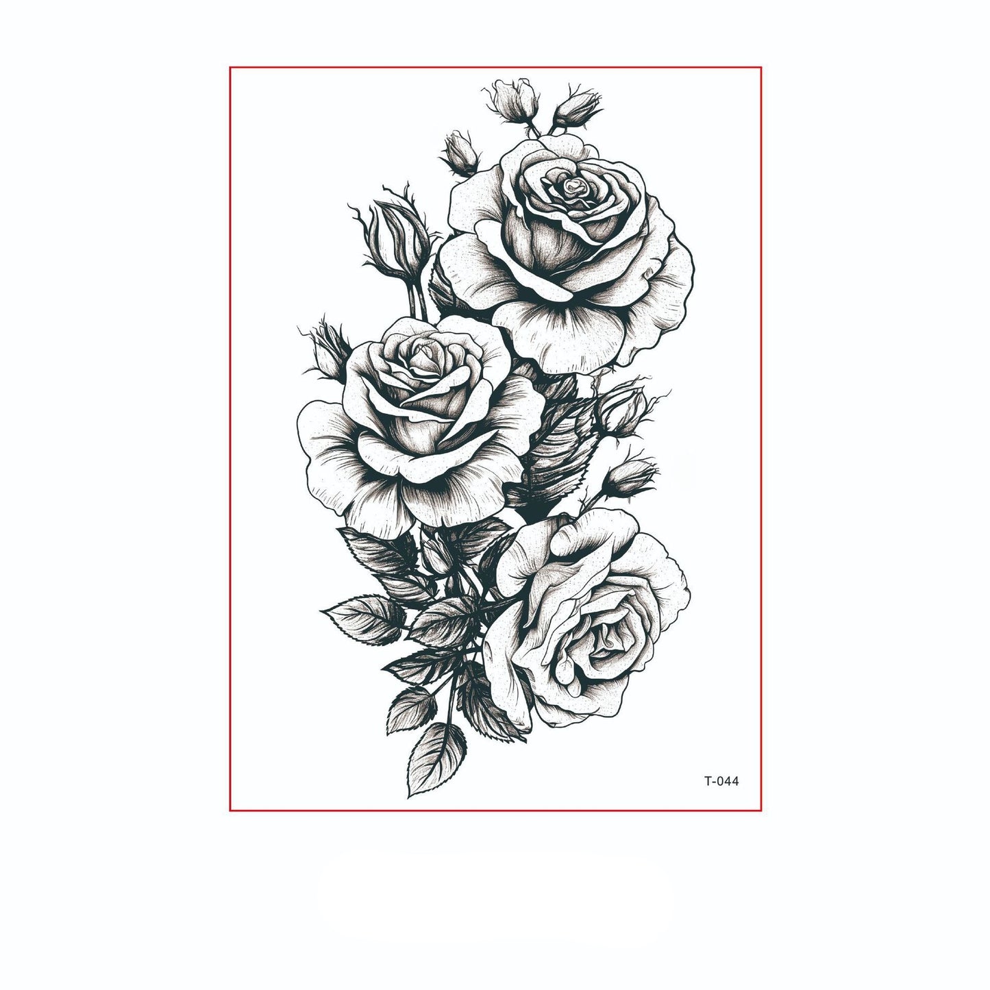 Black and white temporary tattoo of three roses with leaves and two butterflies (150×210mm) – floral outline design by TIDES