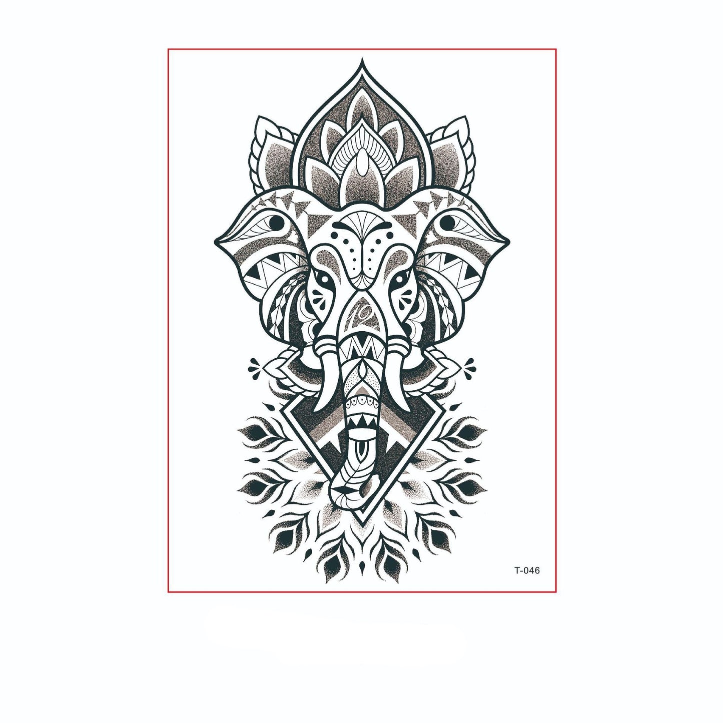 Black and white temporary tattoo of an elephant head with lotus flower and geometric tribal patterns (150×210mm) – symmetrical design by TIDES