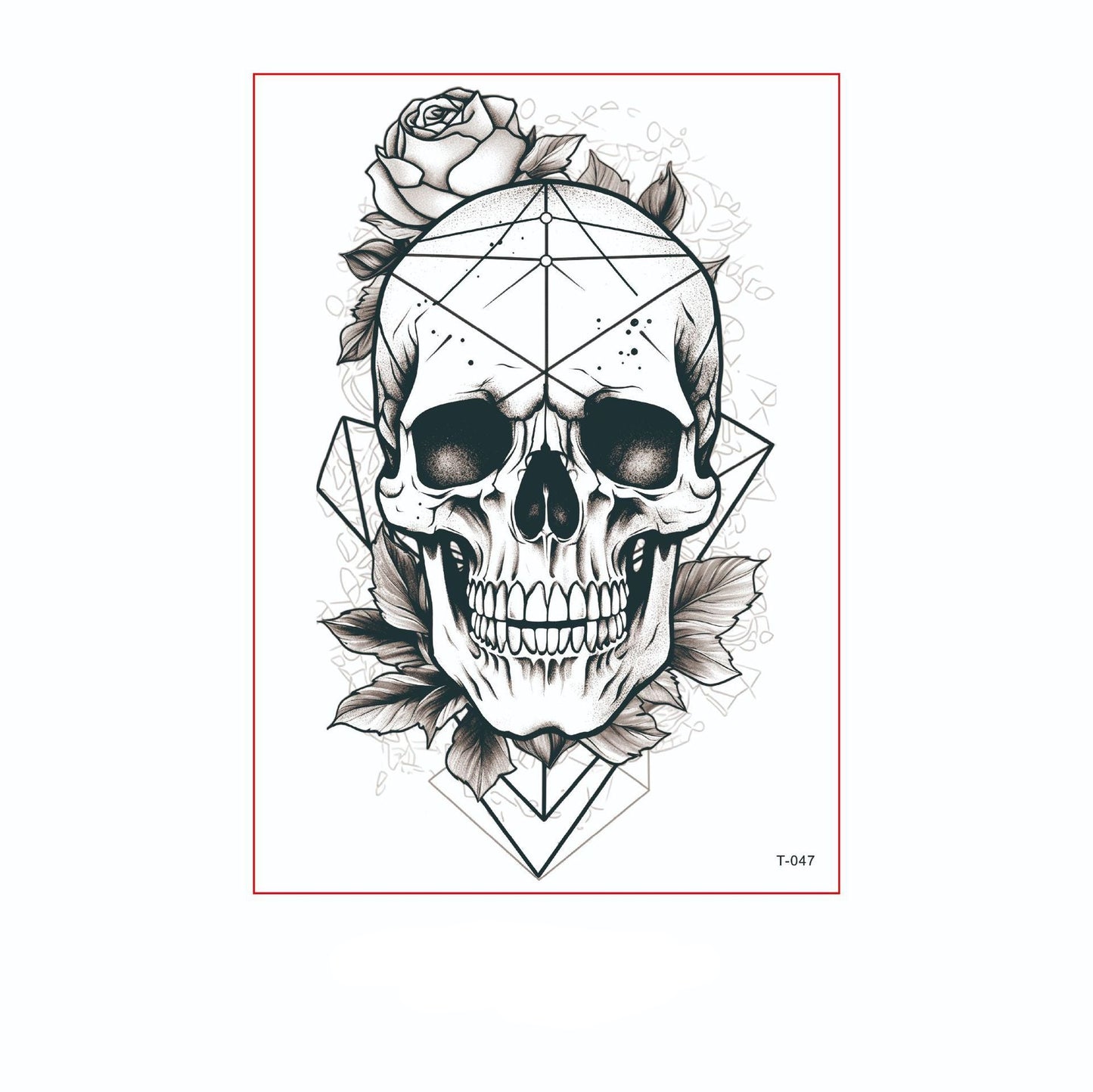 Black and white temporary tattoo of a realistic skull with rose and geometric lines (150×210mm) – gothic-modern design by TIDES
