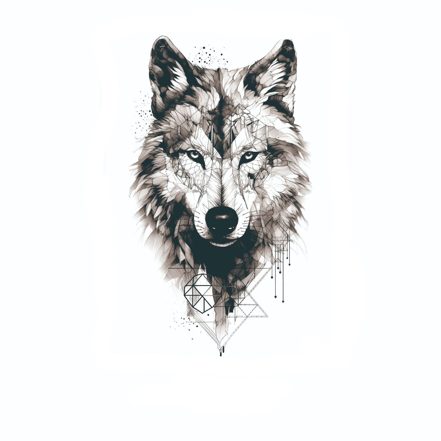 Black and white geometric wolf temporary tattoo (150×210mm). Realistic and abstract design combined, waterproof, skin-safe, and long-lasting by TIDES.