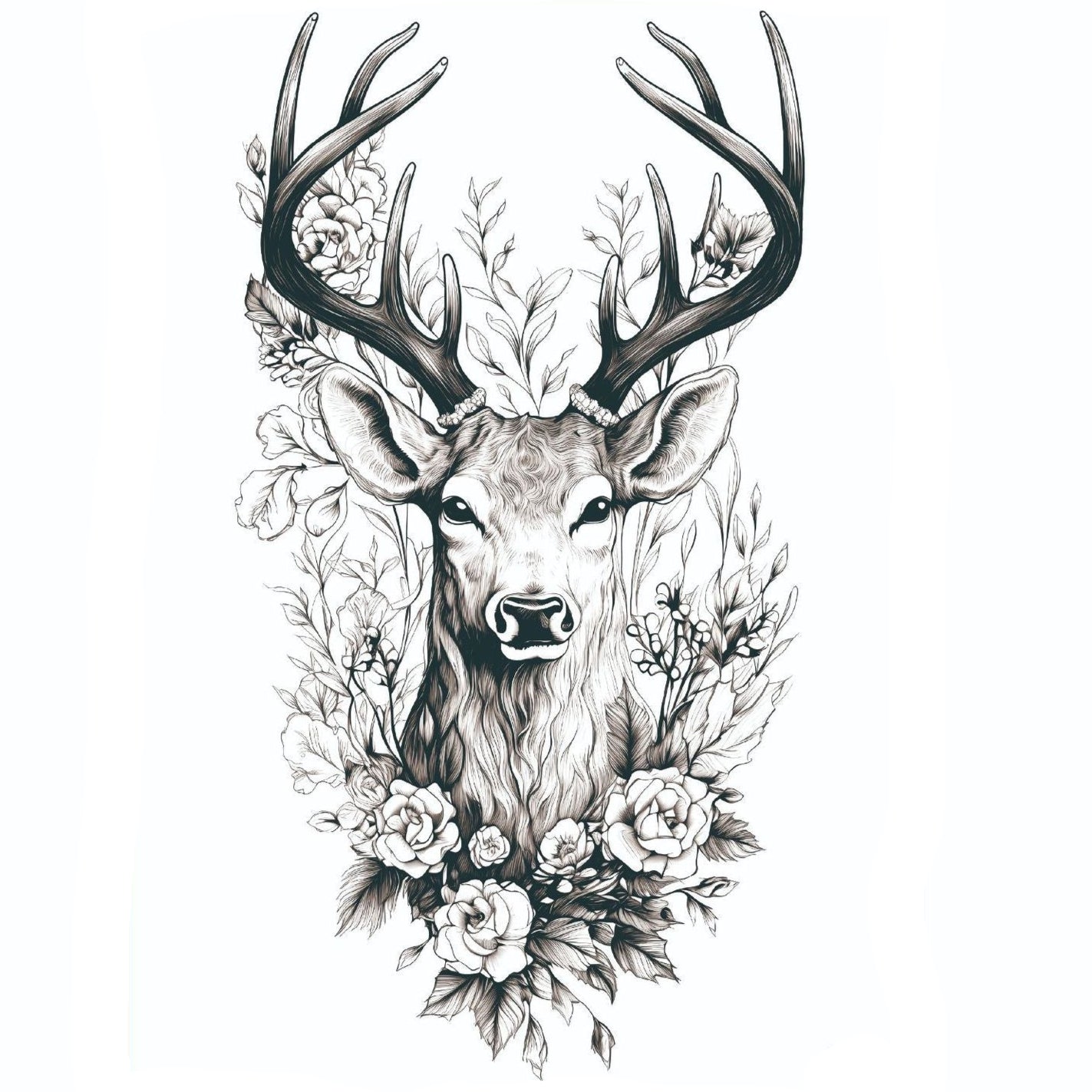 Black and white temporary tattoo of a deer head with antlers, roses, and leaves (150×210mm) – nature and wildlife design by TIDES