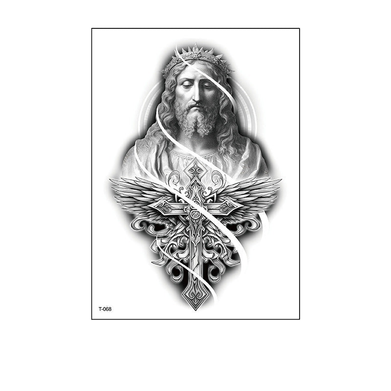 Black and white temporary tattoo of Jesus with crown of thorns above an ornate cross with wings (150×210mm) – spiritual Christian design by TIDES