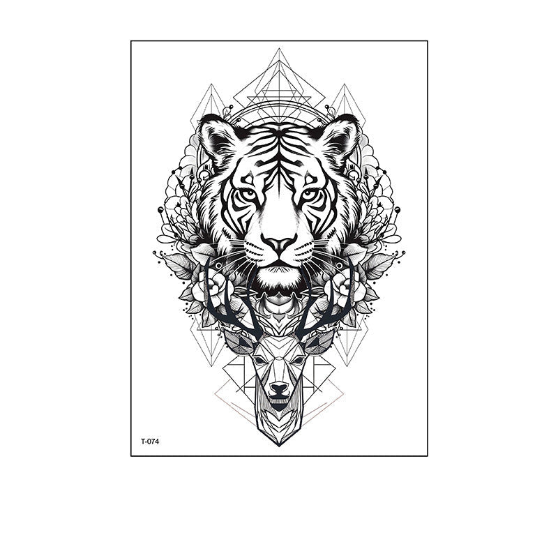 Black and white temporary tattoo of a tiger and deer heads in a geometric mandala with floral accents (150×210mm) – detailed wildlife design by TIDES