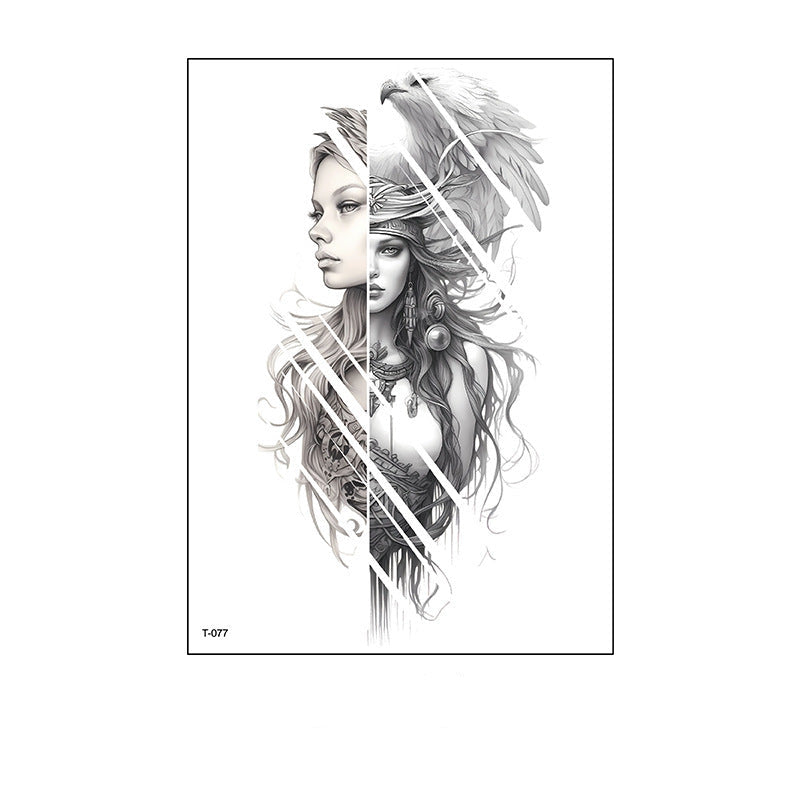 Black and white temporary tattoo of a warrior woman in profile with feathered headdress and eagle wings behind her (150×210mm) – powerful design by TIDES