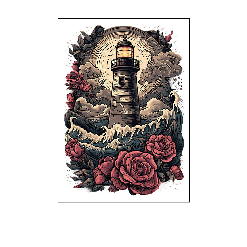 Large temporary tattoo of lighthouse with ocean waves and red roses, watercolor vintage style, 150×210mm.
