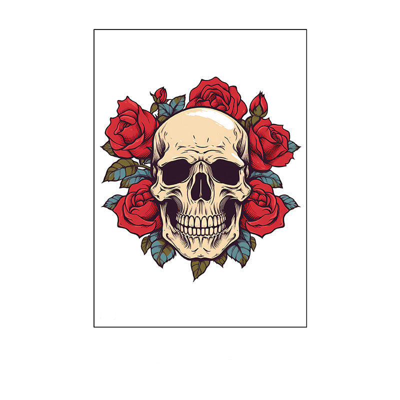 Temporary tattoo of a skull with red roses in gothic artistic style, 150×210mm.