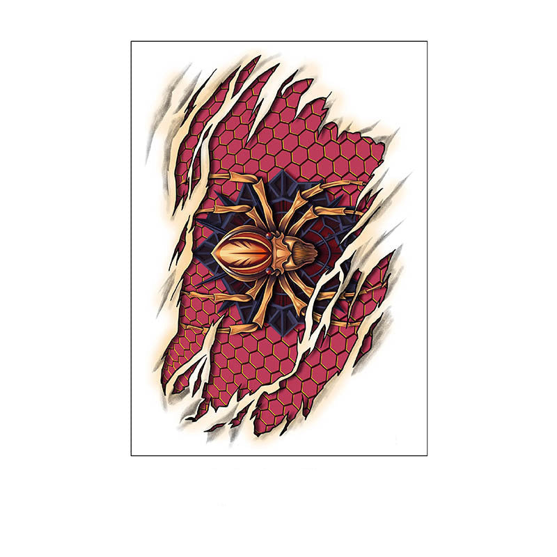3D effect temporary tattoo featuring a gold metallic spider on a red honeycomb design with realistic ripped skin, 150×210mm. Spider man