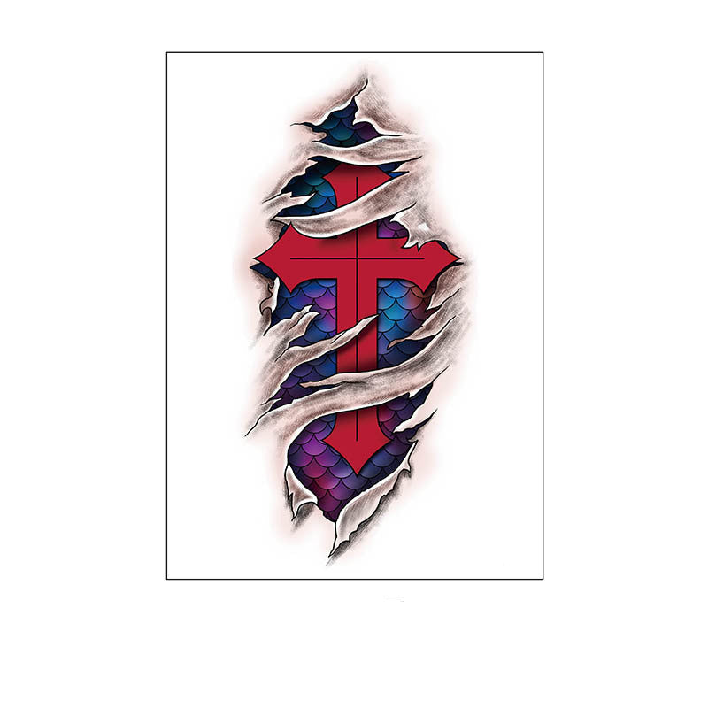 Temporary tattoo showing a red cross emerging from torn skin with purple and blue dragon scales, 150×210mm.