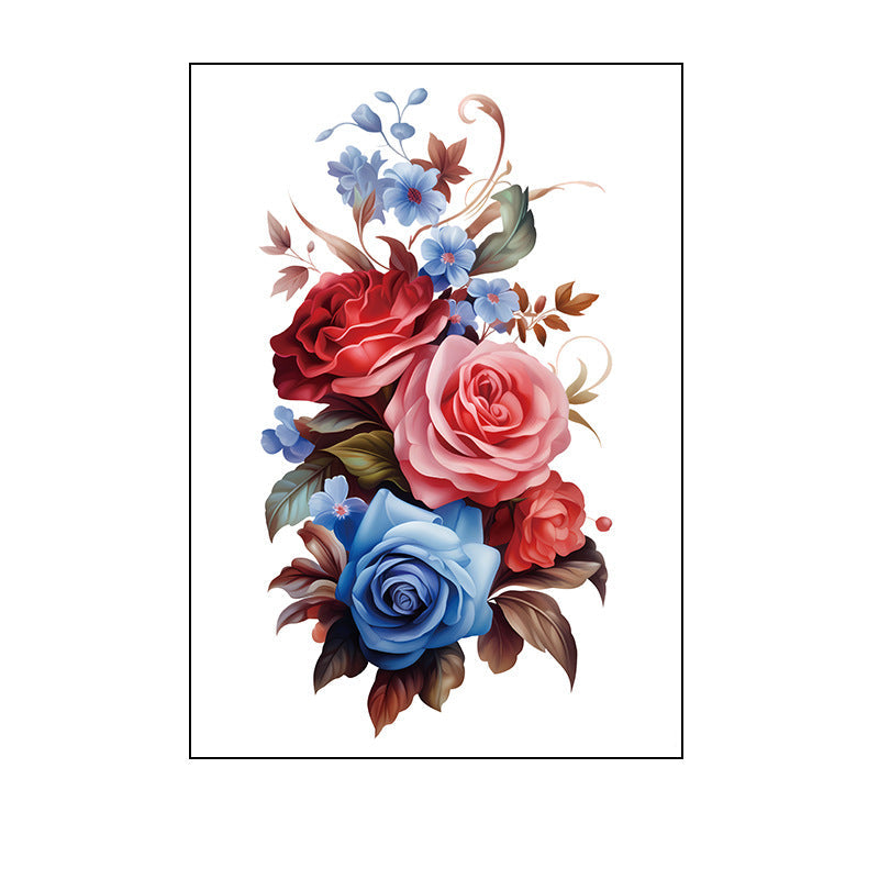 Temporary tattoo featuring red, pink, and blue roses with brown-green foliage in a watercolor style, 150×210mm.