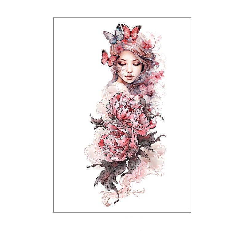 Temporary tattoo of a woman’s portrait with pink flowers and watercolor butterflies in an ethereal style, 150×210mm.