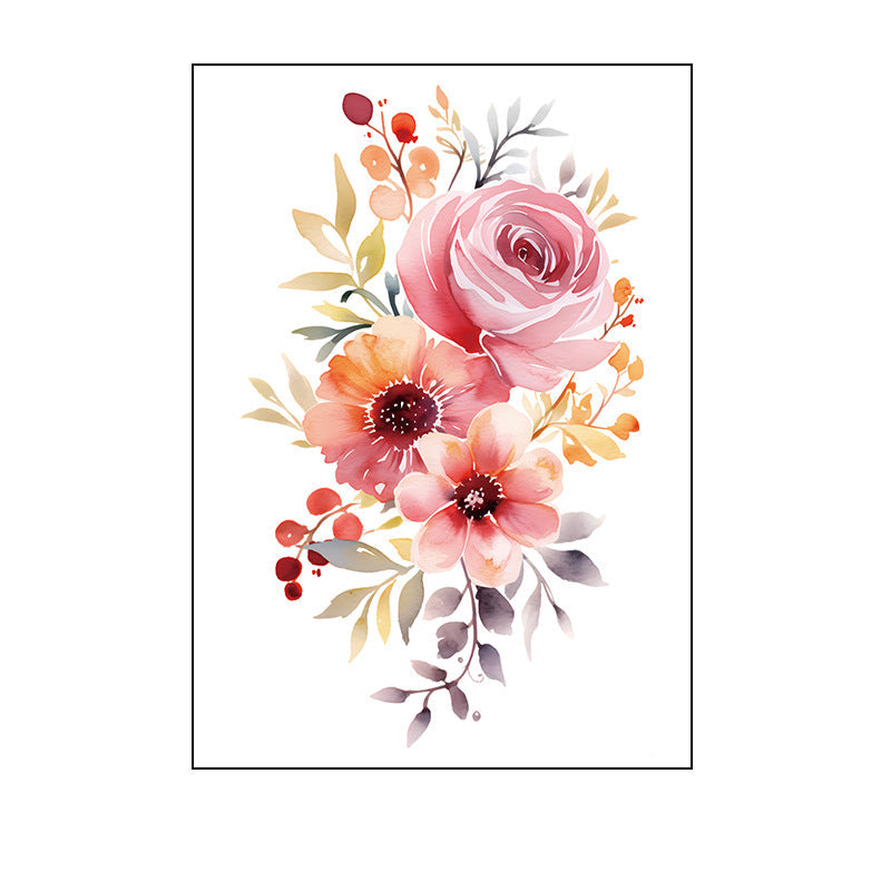 Temporary tattoo of a soft watercolor bouquet with pink rose, orange flowers, green leaves, and berries, 150×210mm.