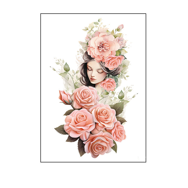 Temporary tattoo of a woman with dark hair surrounded by pink roses and green leaves in a soft watercolor style, 150×210mm.