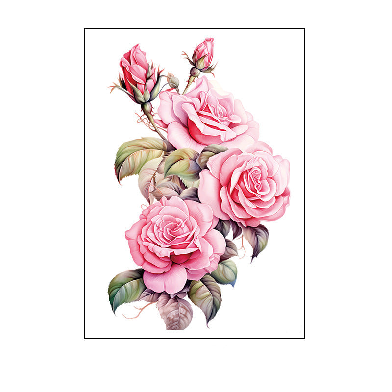 Temporary tattoo of a pink rose cluster with rosebuds and green foliage in a realistic floral style, 150×210mm.