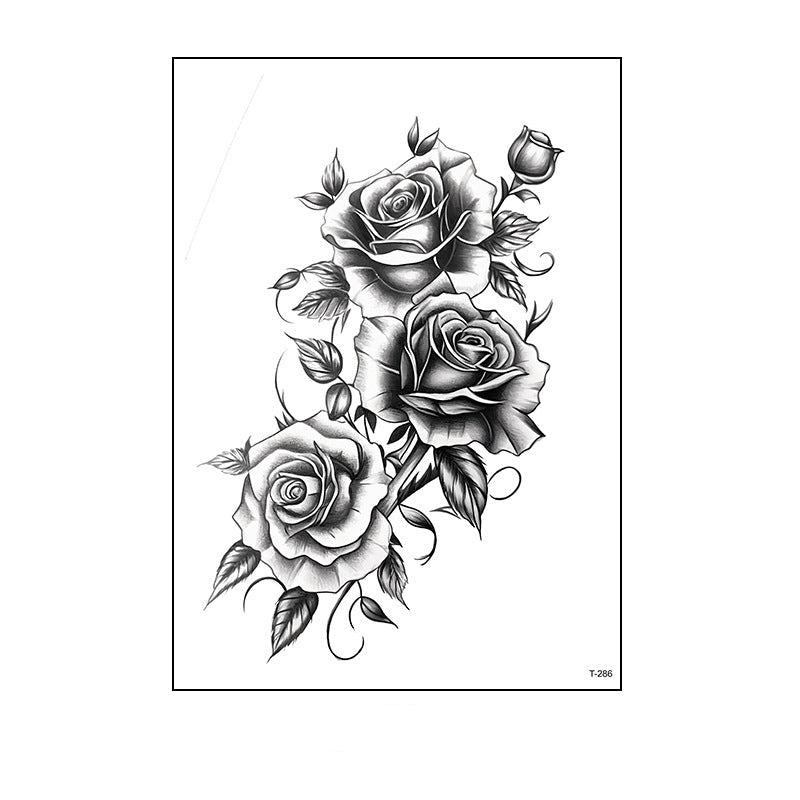 Black and white temporary tattoo of three roses with leaves and stems (150×210mm) – detailed floral rose design by TIDES