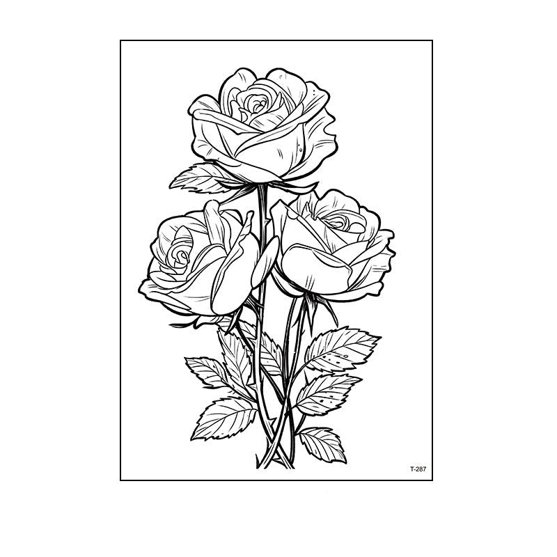 Black and white outline temporary tattoo of three roses with stems and leaves (150×210mm) – minimal floral design by TIDES