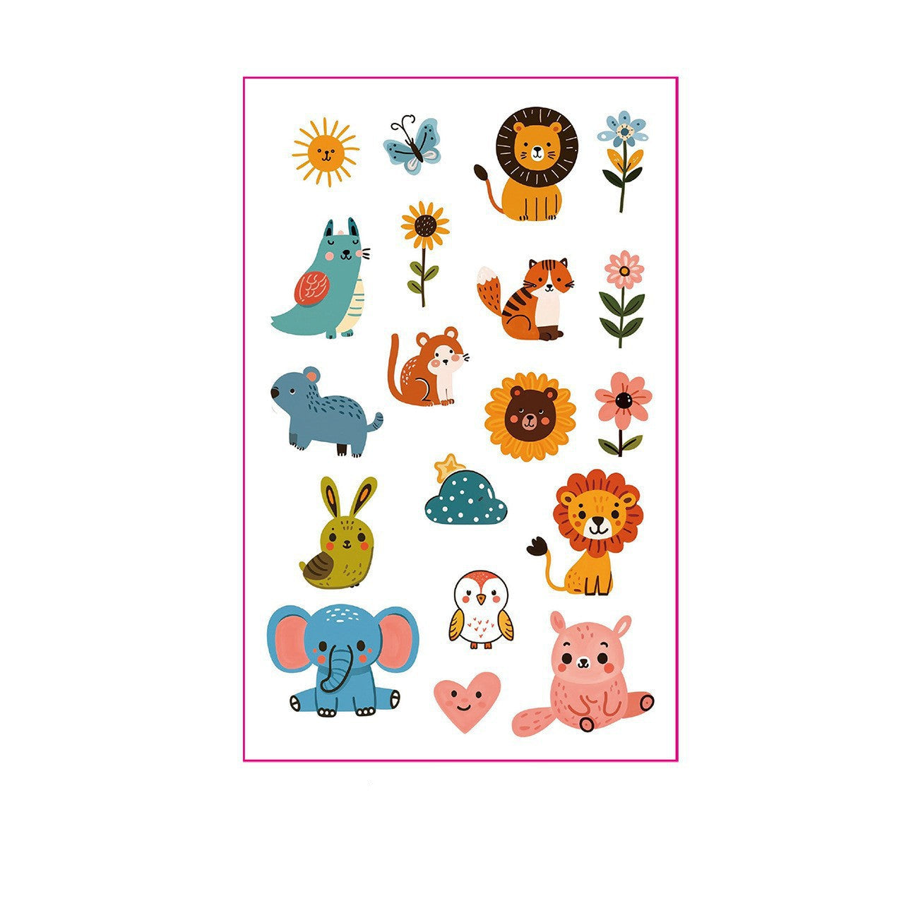 Cartoon-style animal tattoo stickers – 120×76mm sheet with cute lion, bear, rabbit, dinosaur, butterfly, sun, and flower designs by TIDES.