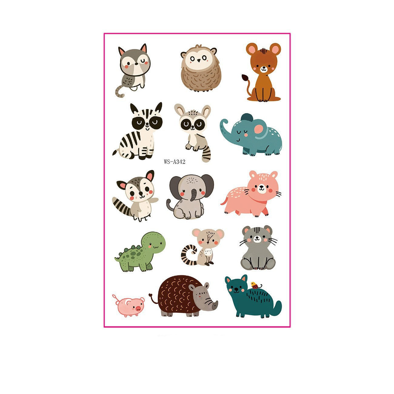 Baby animal cartoon tattoo stickers – 120×76mm sheet with cat, owl, bear, raccoon, elephant, dinosaur, and other colorful baby animals by TIDES.