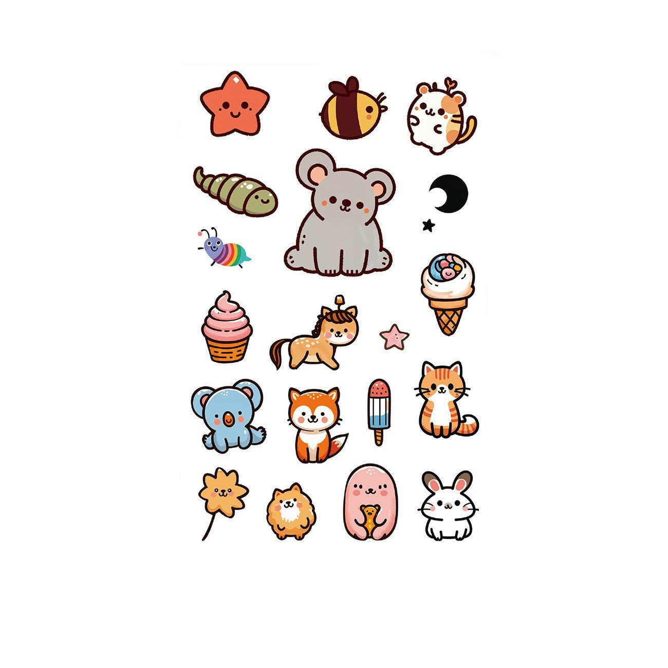 Kawaii cartoon tattoo stickers – 120×76mm sheet with cute star, unicorn, cat, ice cream, flower, rabbit, and other cheerful characters by TIDES.