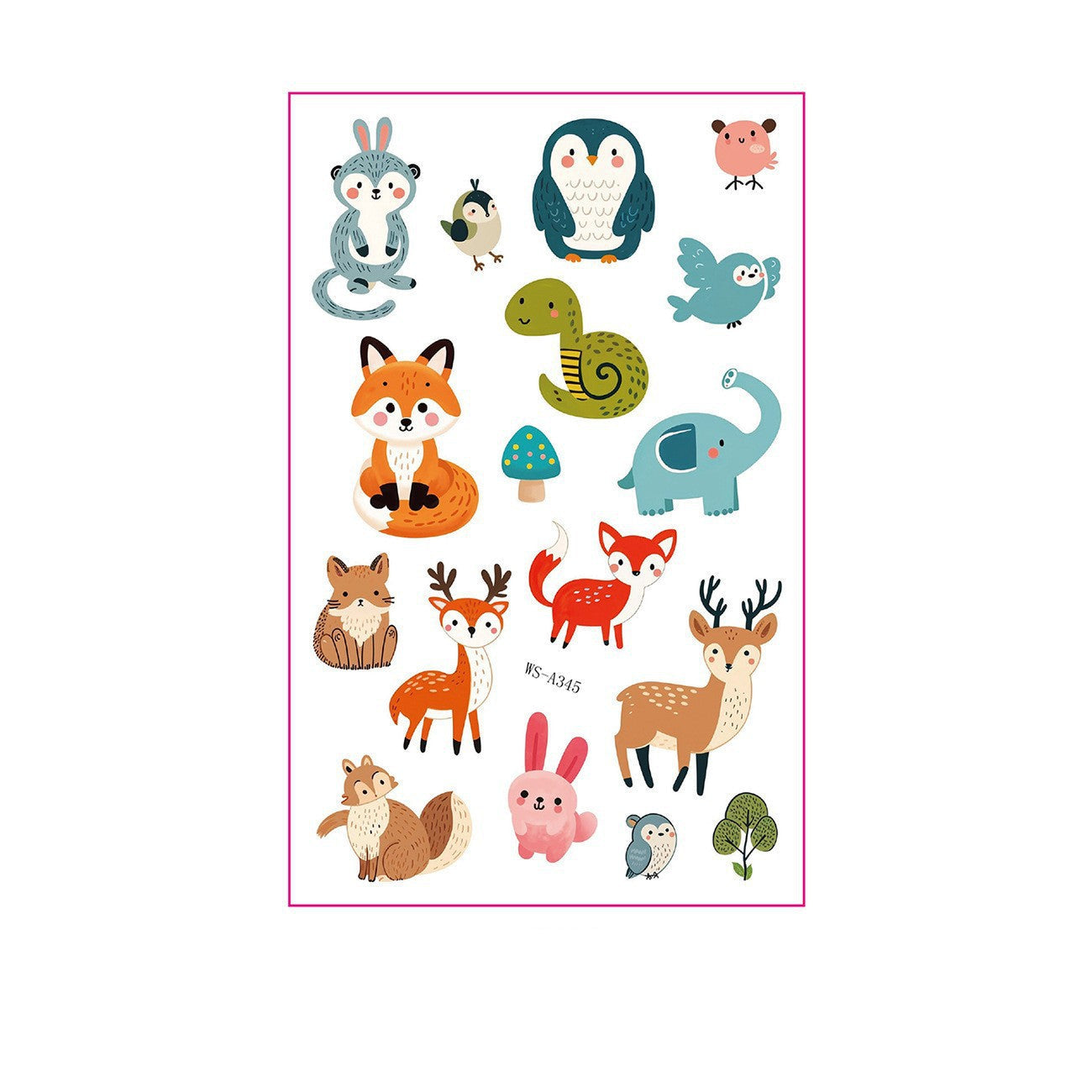 Woodland cartoon tattoo stickers – 120×76mm sheet with cute fox, rabbit, deer, owl, penguin, bird, and tree designs by TIDES.