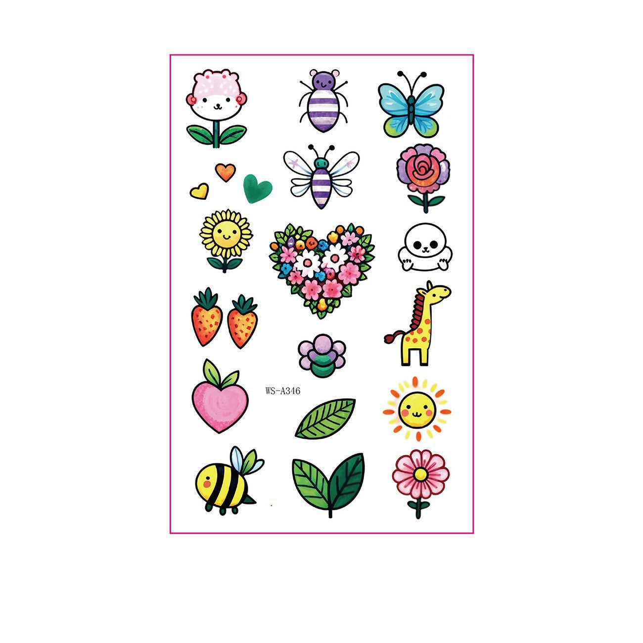 Nature-themed cartoon tattoo stickers – 120×76mm sheet with flowers, bee, butterfly, seal, giraffe, heart, sun, and leaf designs by TIDES.