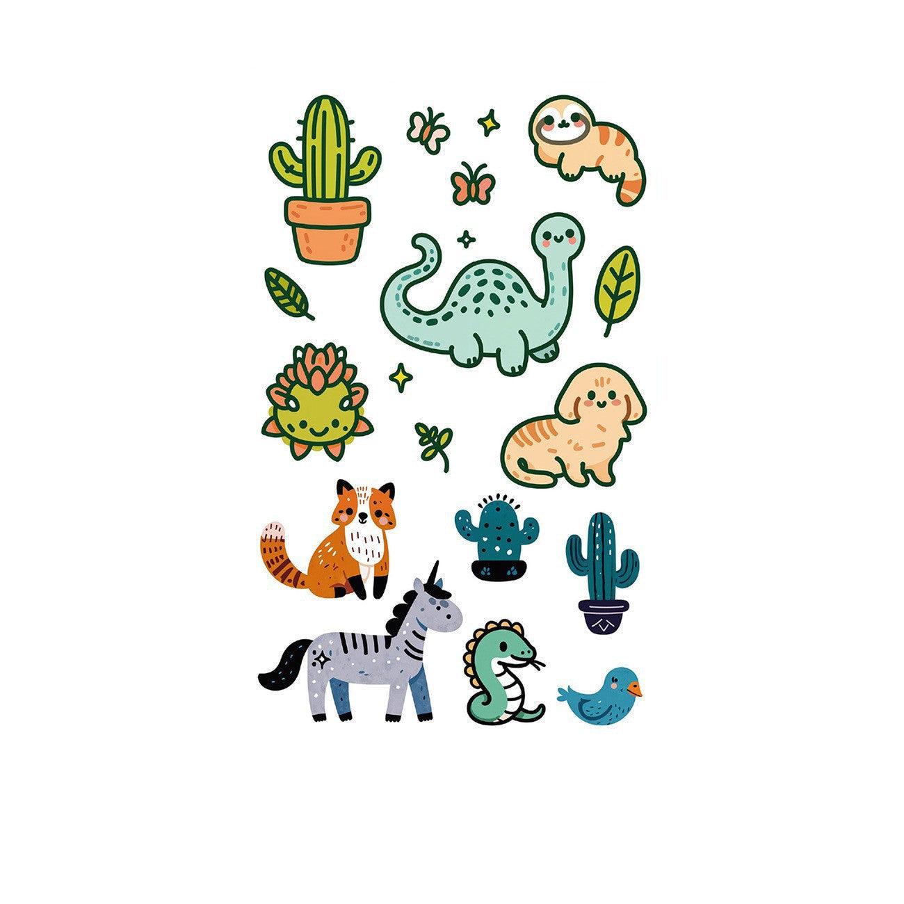 Cute cartoon tattoo stickers – 120×76mm sheet with cactus, sloth, dinosaur, dog, unicorn, fox, snake, bird, and butterfly designs by TIDES.