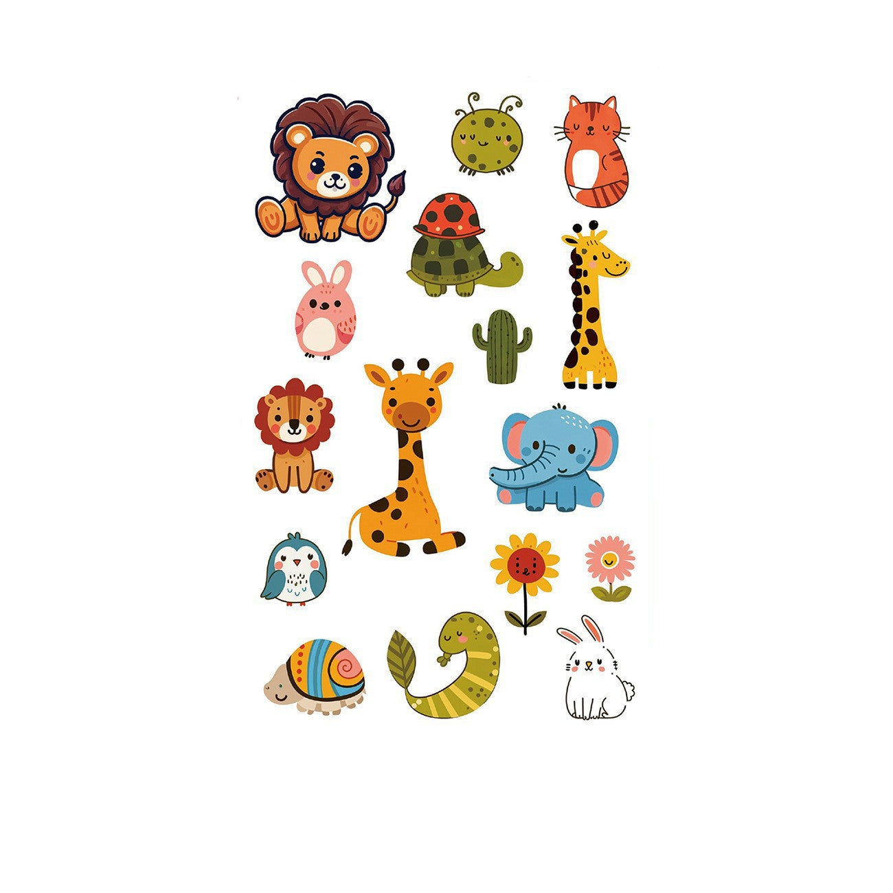 Cartoon animal tattoo stickers – 120×76mm sheet with lions, cat, bunny, turtle, giraffe, elephant, penguin, snake, and flower designs by TIDES.