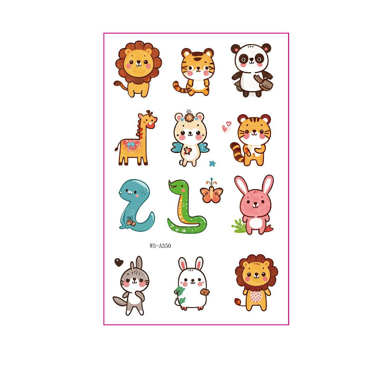 Cute cartoon animal tattoo stickers – 120×76mm sheet with lion, panda, tiger, bear, giraffe, rabbit, snake, and butterfly designs by TIDES.