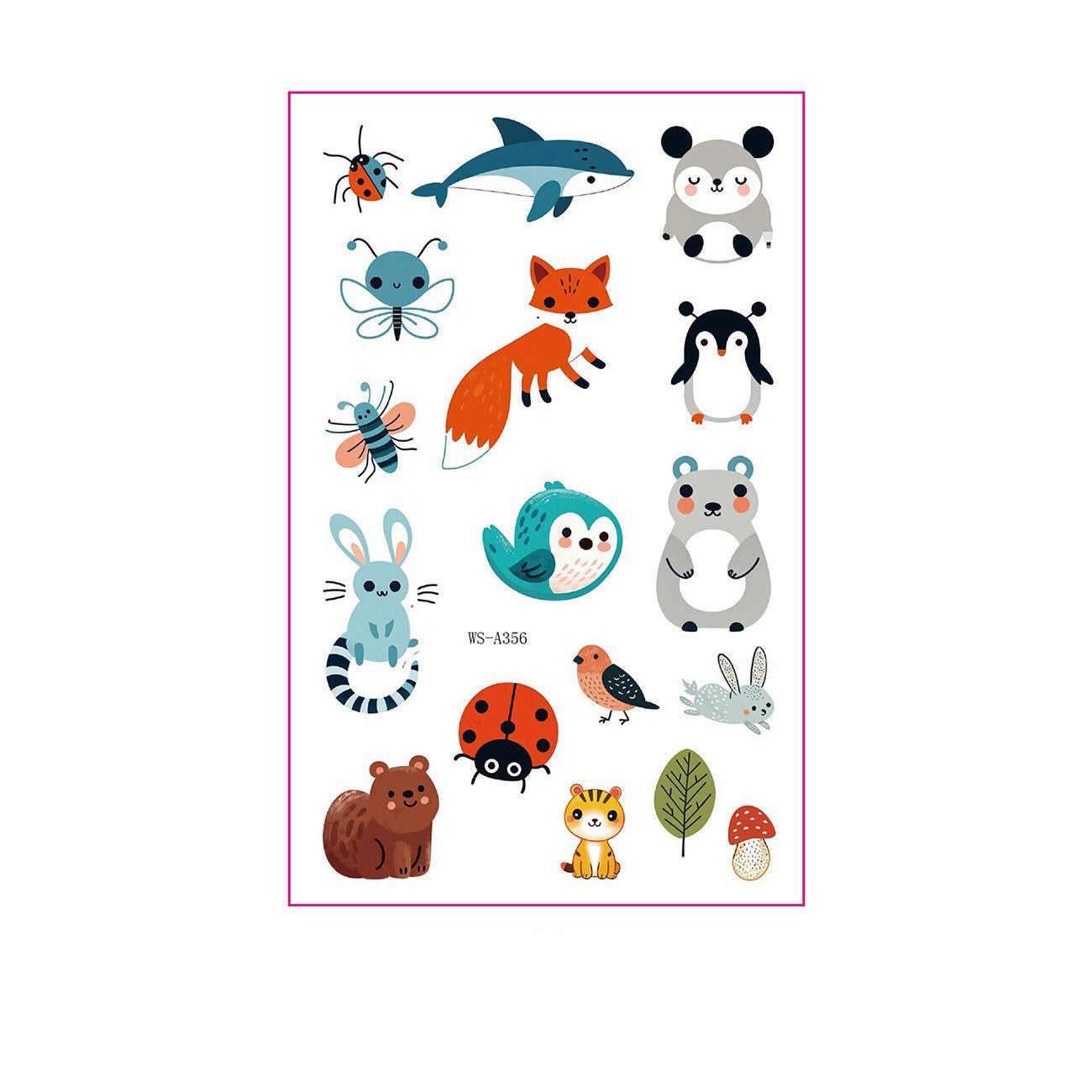 Cartoon nature tattoo stickers – 120×76mm sheet with ladybug, dragonfly, shark, fox, rabbit, penguin, tiger, and mushroom designs by TIDES.