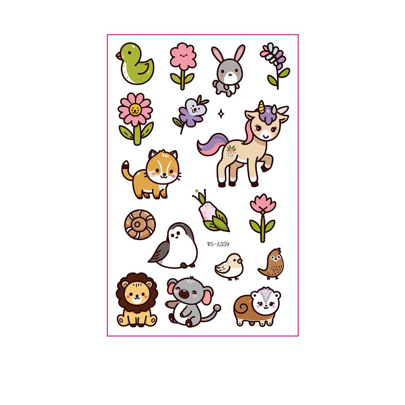 Cartoon animal and flower tattoo stickers – 120×76mm sheet with duck, unicorn, cat, rabbit, koala, lion, and floral designs by TIDES.