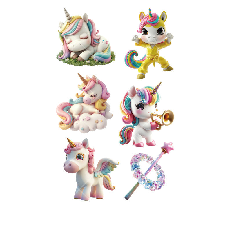 Cartoon unicorn tattoo stickers – 120×76mm sheet with sleeping, martial arts, cloud-lounging, trumpet-playing, winged unicorns and a heart-topped wand by TIDES.