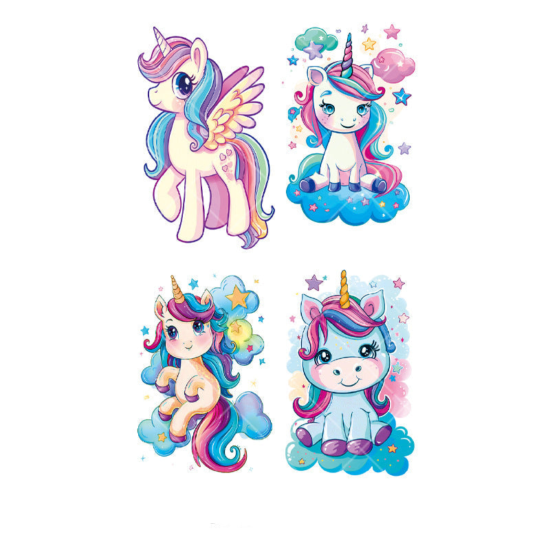 Kawaii cartoon unicorn tattoo stickers – 120×76mm sheet with rainbow manes, clouds, stars, hearts, and winged unicorns by TIDES.