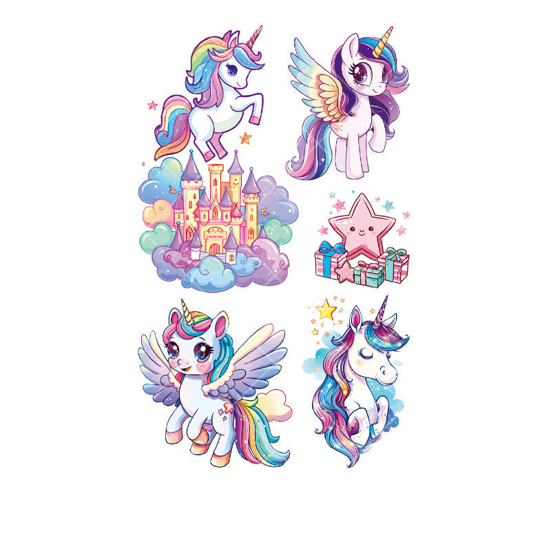 Colourful cartoon unicorn tattoo stickers – 120×76mm sheet featuring unicorns with wings, rainbow manes, castles, stars, and gifts by TIDES.