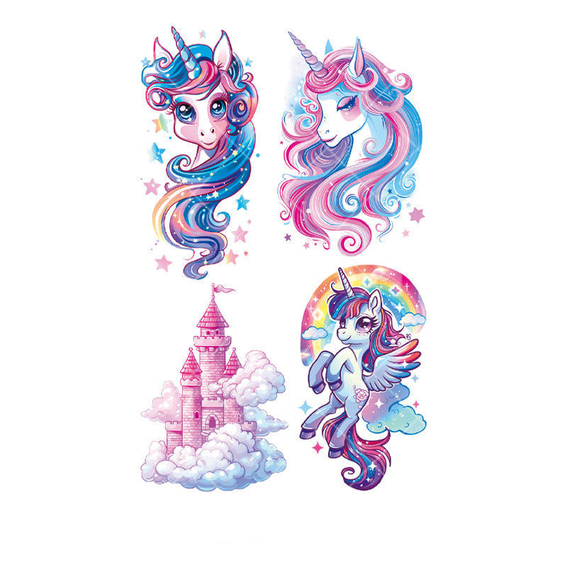 Kawaii cartoon unicorn tattoo stickers – 120×76mm sheet with unicorn heads, winged unicorn, rainbow, castle, clouds, and stars by TIDES.