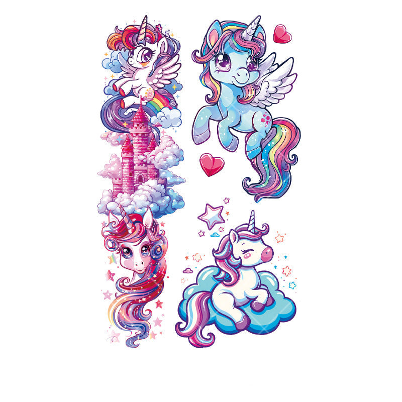 Cute kawaii unicorn tattoo stickers – 120×76mm sheet featuring winged unicorns, castles, clouds, hearts, stars, and rainbows by TIDES.