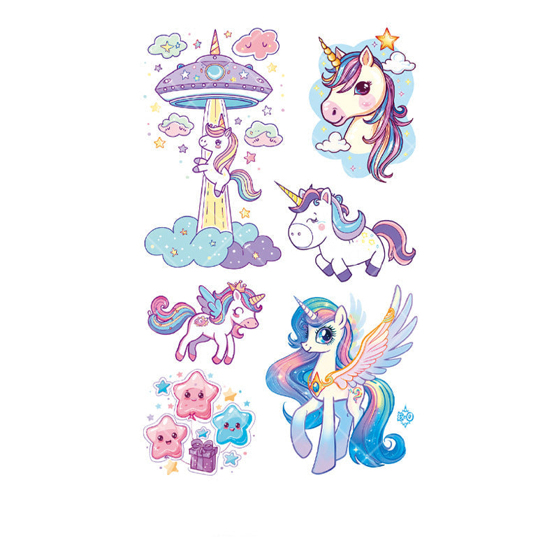 Kawaii cartoon unicorn tattoo stickers – 120×76mm sheet featuring unicorns, UFO, clouds, stars, gifts, and rainbow wings by TIDES.