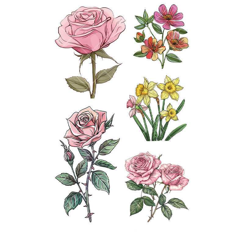 Vintage-style floral tattoo stickers featuring pink roses, yellow daffodils, and colorful flowers on a 120×76mm sheet by TIDES.