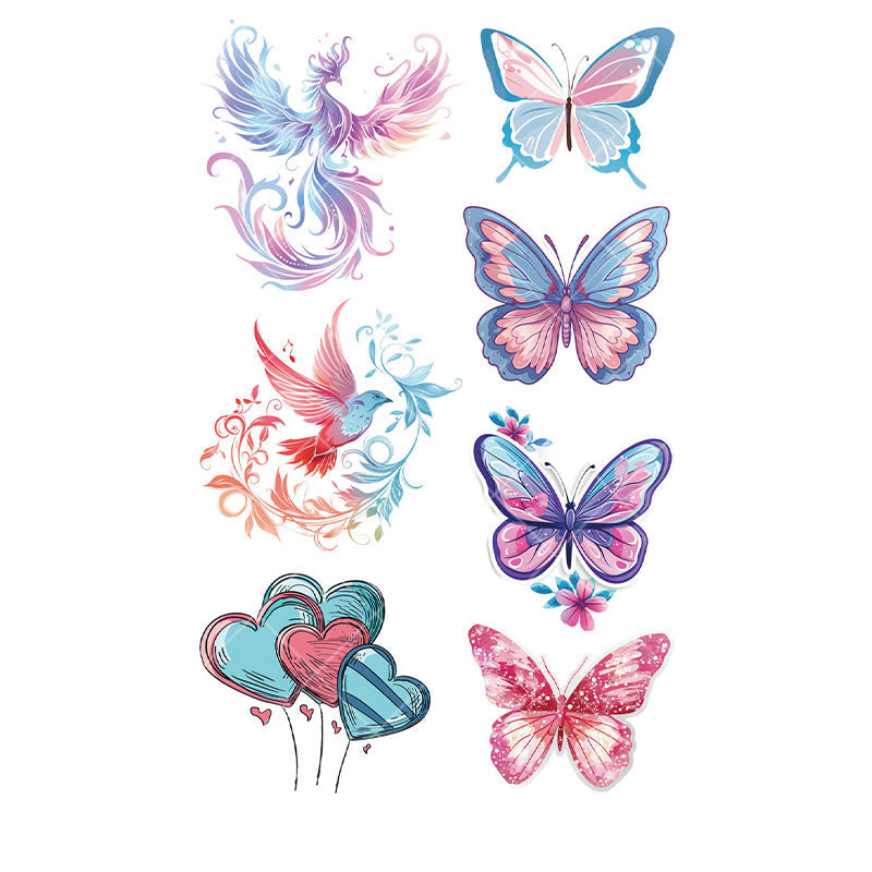 Whimsical butterfly and phoenix tattoo stickers – 120×76mm sheet featuring colourful butterflies, phoenix, birds, and heart balloons by TIDES.