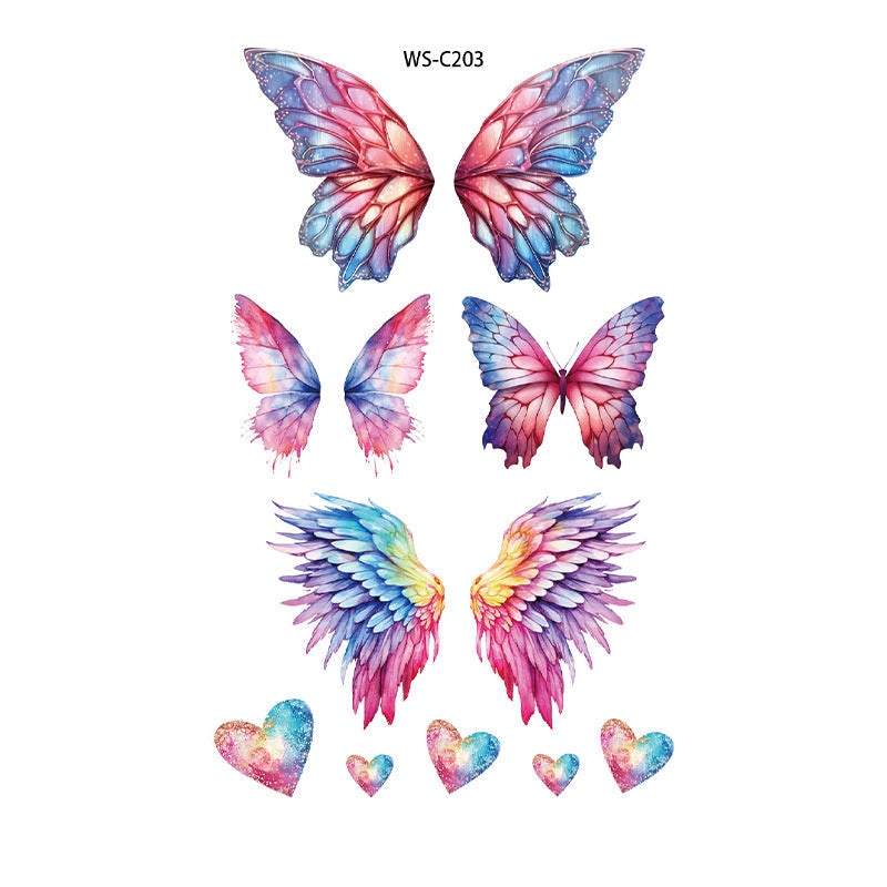 Colourful tattoo stickers – 120×76mm sheet with butterfly wings, angel wings, fairy wings, and glitter hearts in a whimsical watercolor style by TIDES.