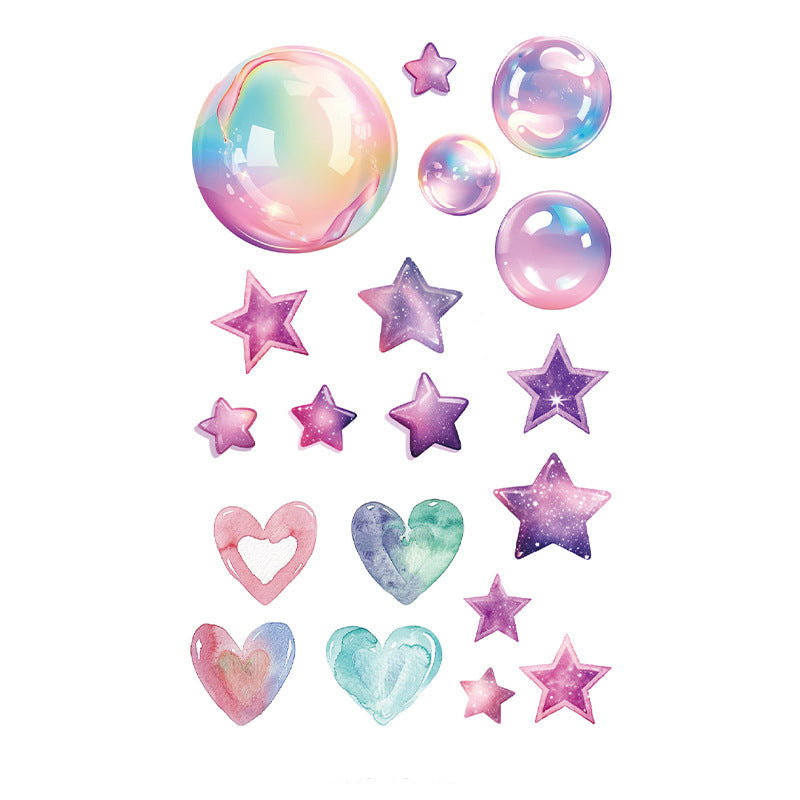 Iridescent bubble and star tattoo stickers – 120×76mm sheet with watercolor hearts, galaxy stars, and dreamy pastel elements by TIDES.