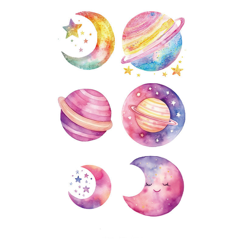Galaxy-themed tattoo stickers – 120×76mm watercolor sheet with planets, moons, and stars in dreamy cosmic shades by TIDES.