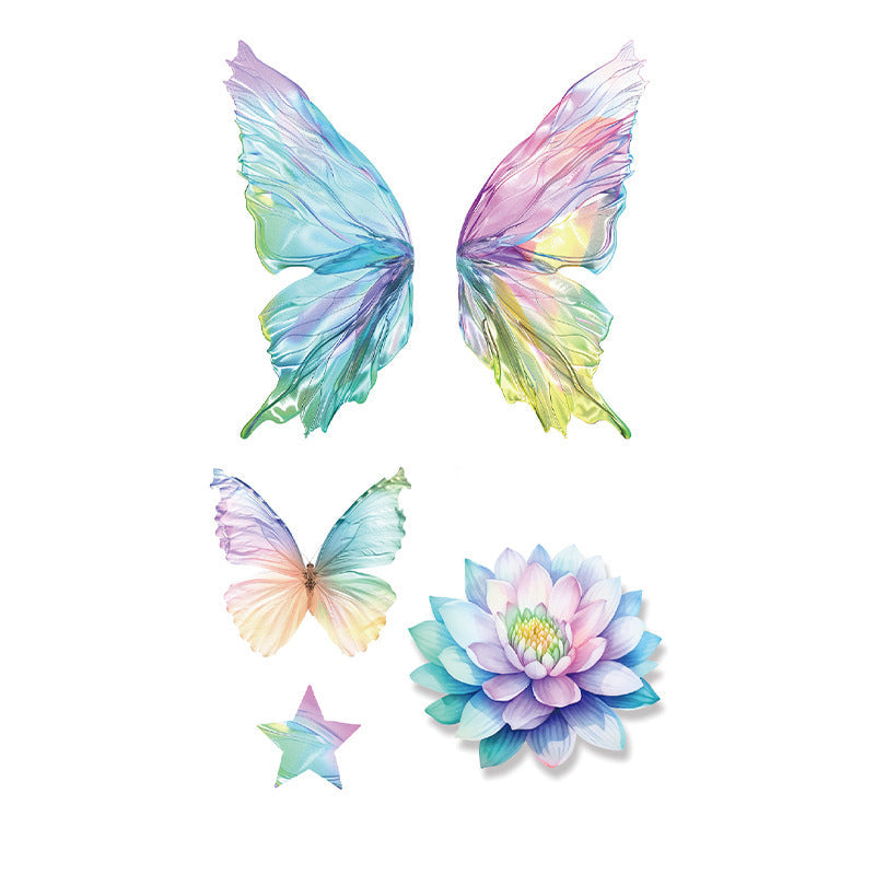 Watercolor tattoo stickers – 120×76mm sheet with butterfly wings, lotus flower, pastel butterfly, and star in iridescent fantasy colors by TIDES.